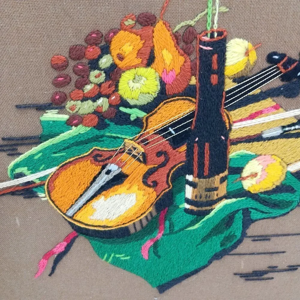 Vintage Completed Crewel Embroidery Picture Violin Rose Fruit Wine Romantic 70s